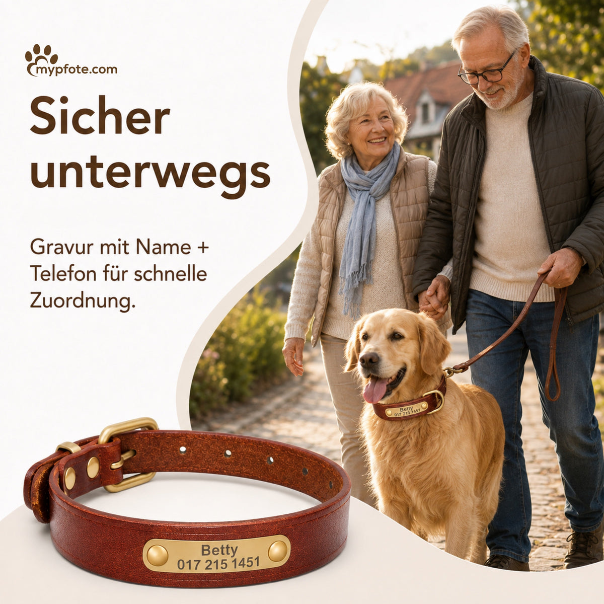 Leder Hundehalsband mit goldfarbener Marke, Gravur Name und Telefon