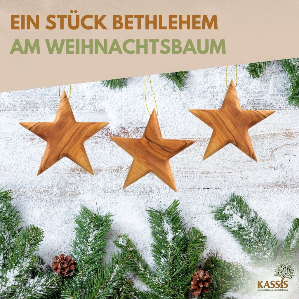 Personalisierter Stern Anhänger aus Olivenholz mit Gravur 8 cm | Baumschmuck & Weihnachtsdeko