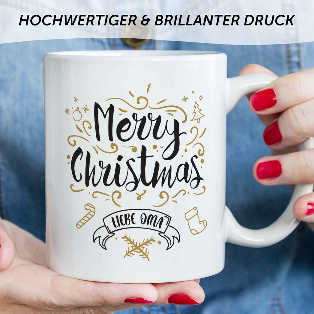 Bedruckte Tasse mit Weihnachtsmotiv im Merry Christmas Liebe Oma Design