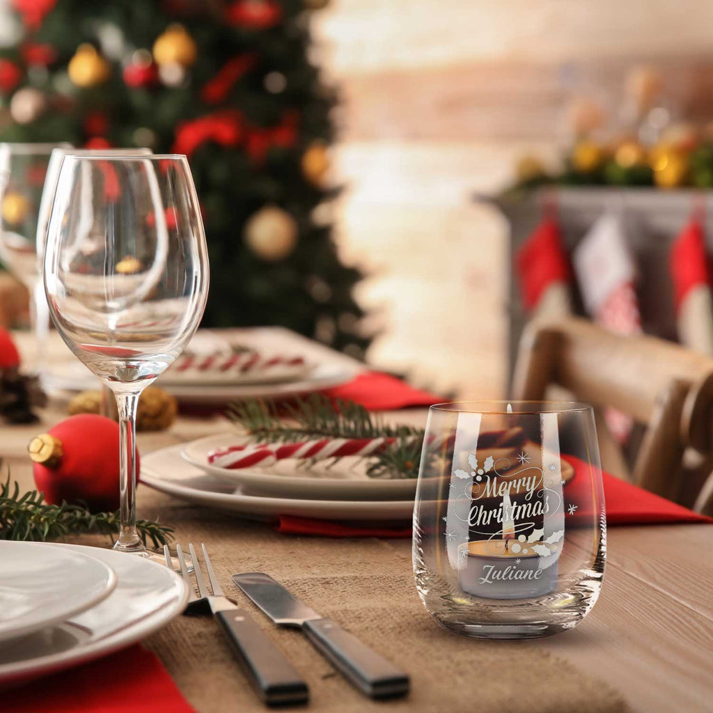 Teelicht mit Gravur - Weihnachtsdeko - Merry Christmas Swirls - Personalisiert mit Name